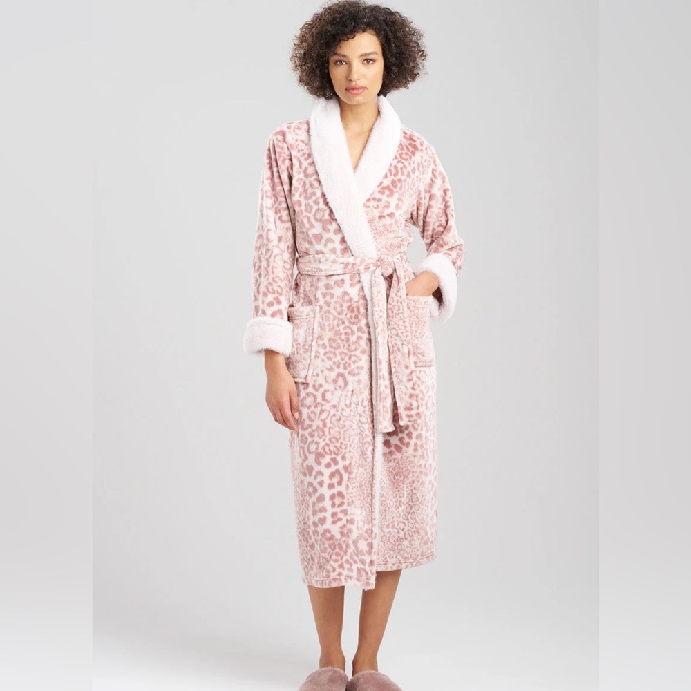 Natori cashmere pink leopard faux fur collar robe sz M